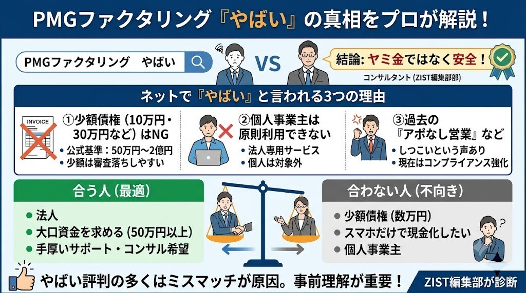 PMGファクタリングはやばい？悪徳業者という評判に対するプロの結論の図解