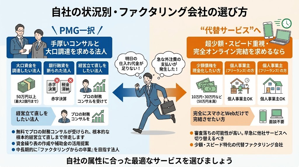 【条件別・1択】PMGファクタリングがおすすめな人・向いていない人の図解