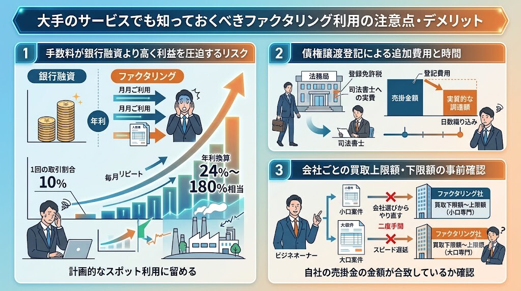 大手ファクタリング会社を利用する際の注意点・デメリットの図解