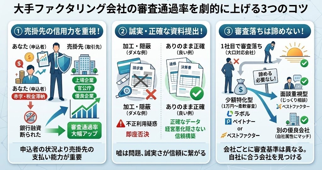 大手ファクタリングの審査通過率を上げる3つのコツの図解