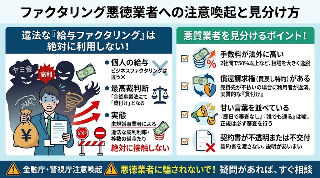 警告】こんな業者は危険！給与ファクタリングと悪徳業者の手口の図解