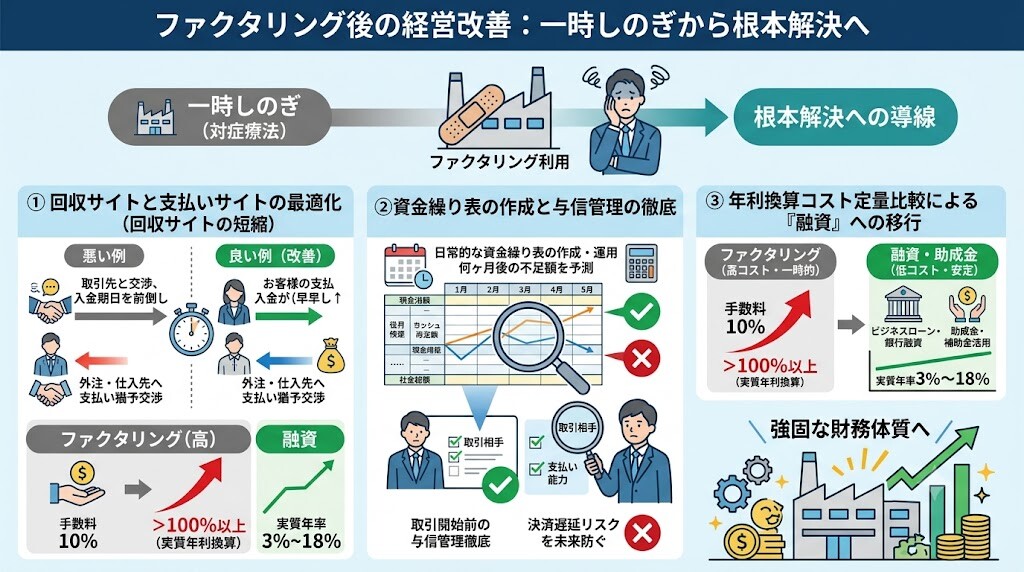 ファクタリング調達後の「資金繰り改善」という根本治療の図解
