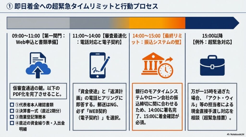 ビジネスローン法人 即日着金へのタイムリミット 行動プロセス 図解