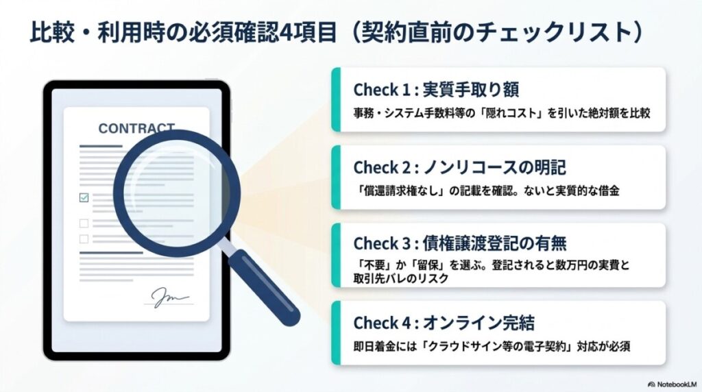 法人が即日ファクタリングを比較・利用する際の必須確認項目