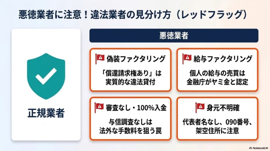 悪徳業者に注意!違法な給与ファクタリングや偽装ファクタリングの見分け方