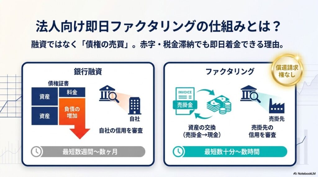 法人向け即日ファクタリングの仕組みとは?融資ではなく「債権の売買」