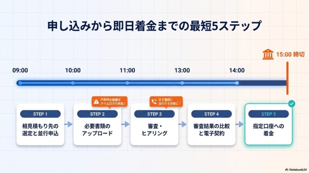 申し込みから即日着金までの具体的な手続きの流れ(最短5ステップ)
