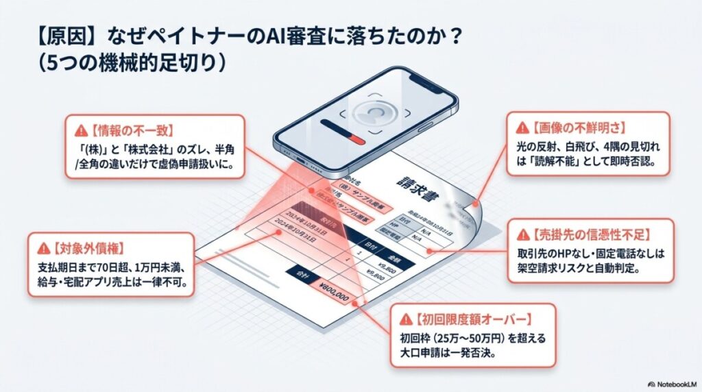 【結論】ペイトナー審査落ちの原因と、即日入金に向けた代替ファクタリングでのリカバリー策 図解イラスト