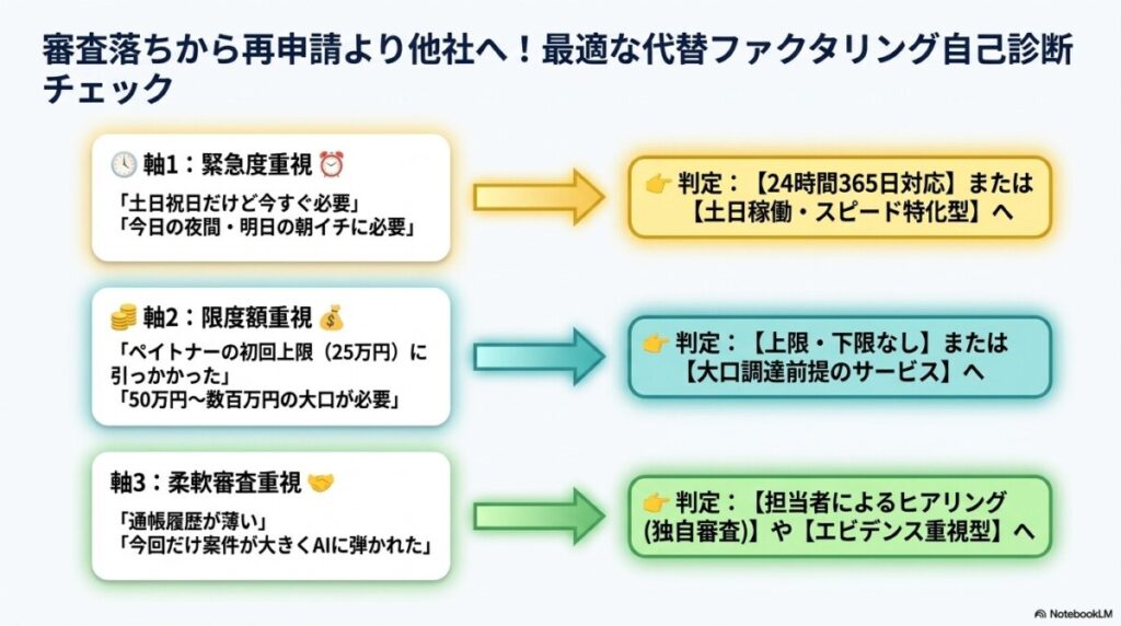 審査落ちから再申請より他社へ！あなたに最適な代替ファクタリング自己診断チェック 図解イラスト