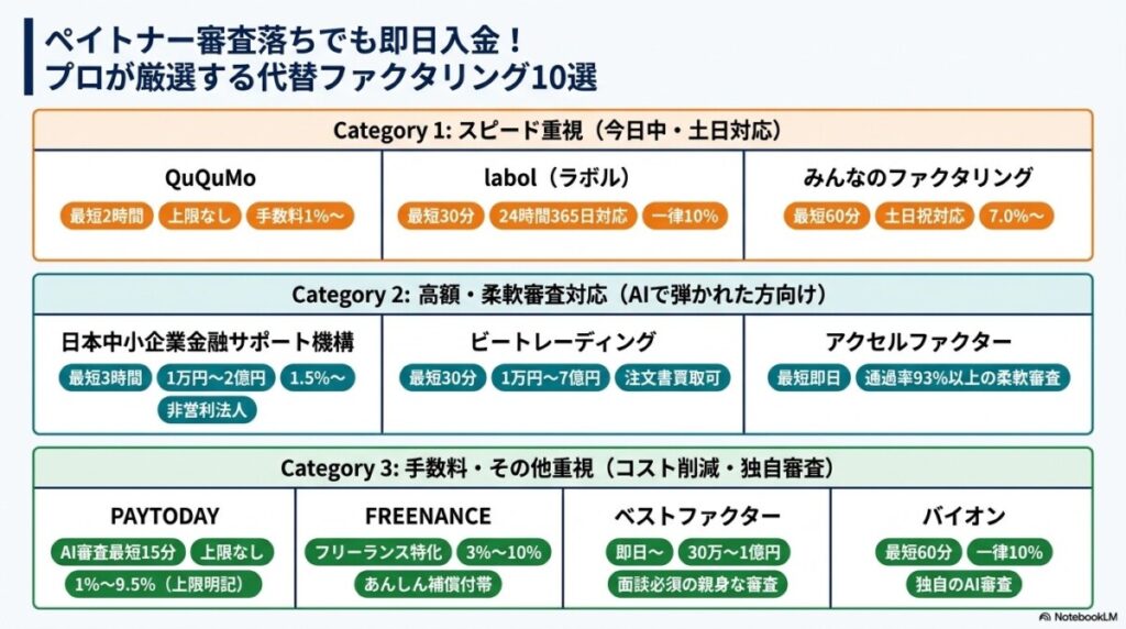 ペイトナー審査落ちでも即日入金！プロが厳選する代替ファクタリング10選　図解イラスト