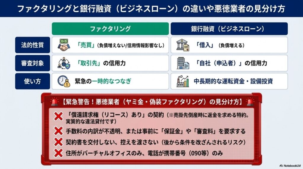 ファクタリングと銀行融資(ビジネスローン)の違いや悪徳業者の見分け方