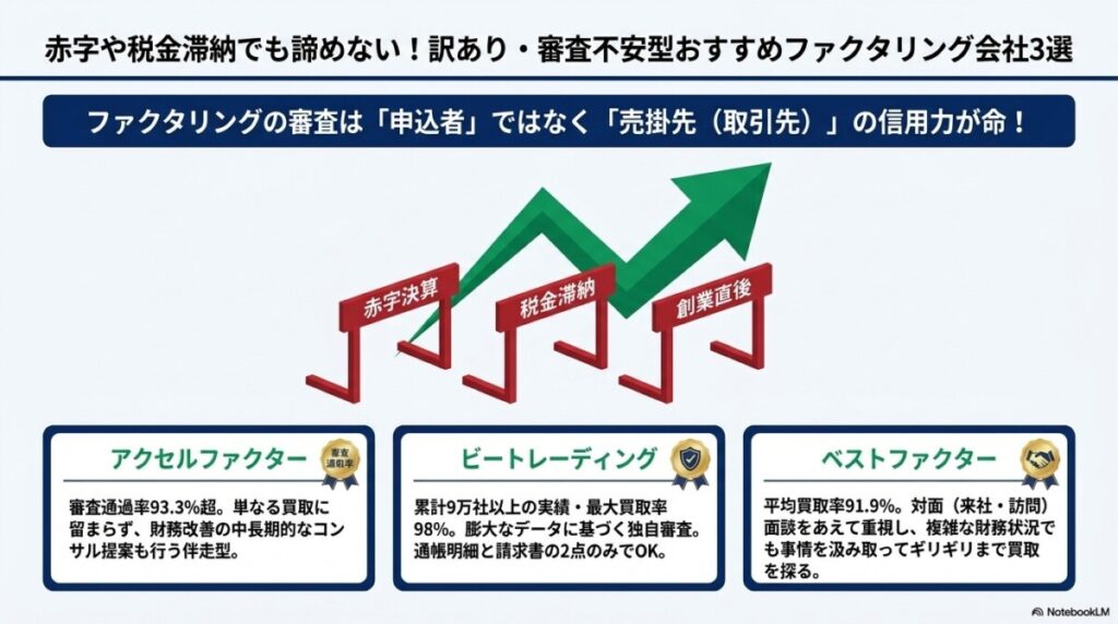 赤字や税金滞納でも諦めない!訳あり・審査不安型おすすめファクタリング会社3選