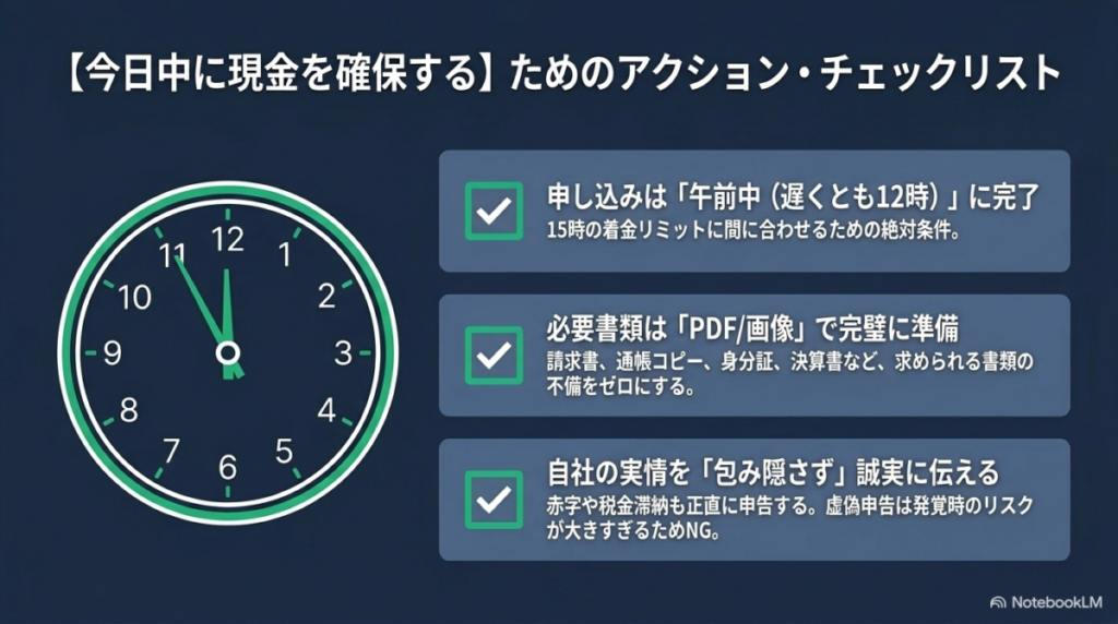 今日中に現金を確保するためのアクション・チェックリストの図解
