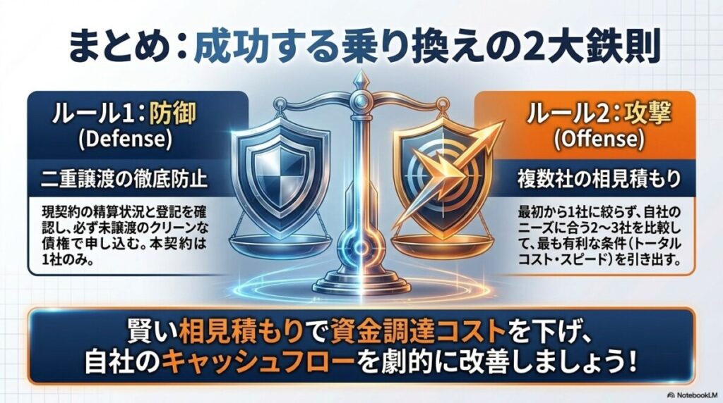 まとめ：ファクタリング乗り換えは「相見積もり」と「二重譲渡防止」が鍵 図解イラスト
