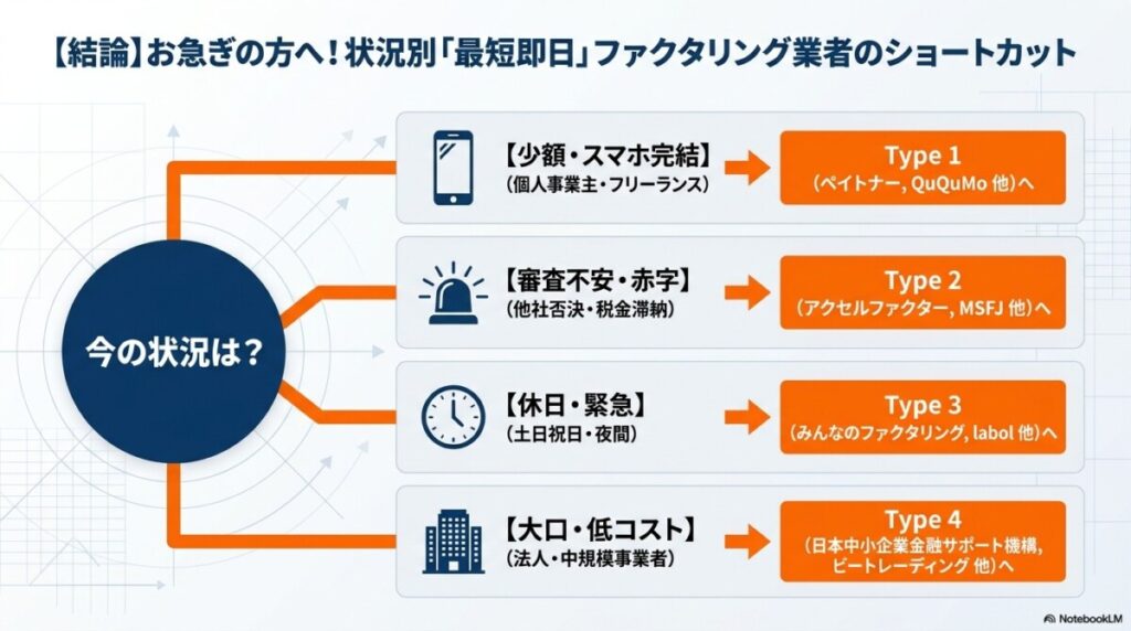 【結論】お急ぎの方へ!状況別「最短即日」で「審査甘い」ファクタリング業者のショートカット 図解イラスト