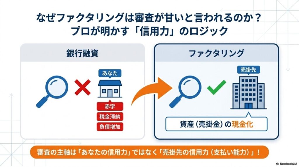 なぜファクタリングは審査が甘いと言われるのか?プロが明かす「信用力」のロジック 図解イラスト