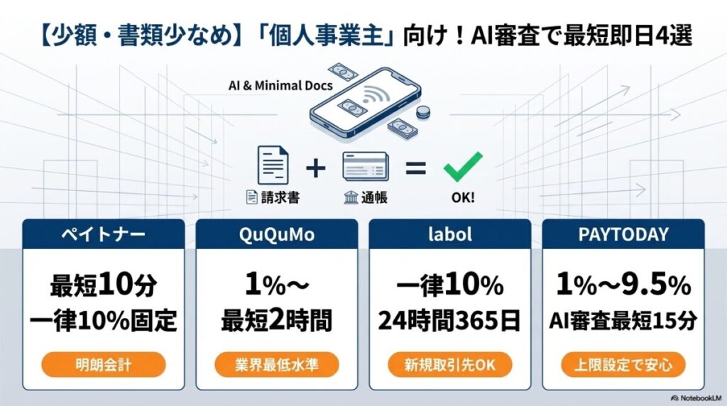 【少額・必要書類少なめ】「個人事業主」向け!AI審査で最短即日のファクタリング4選 図解イラスト