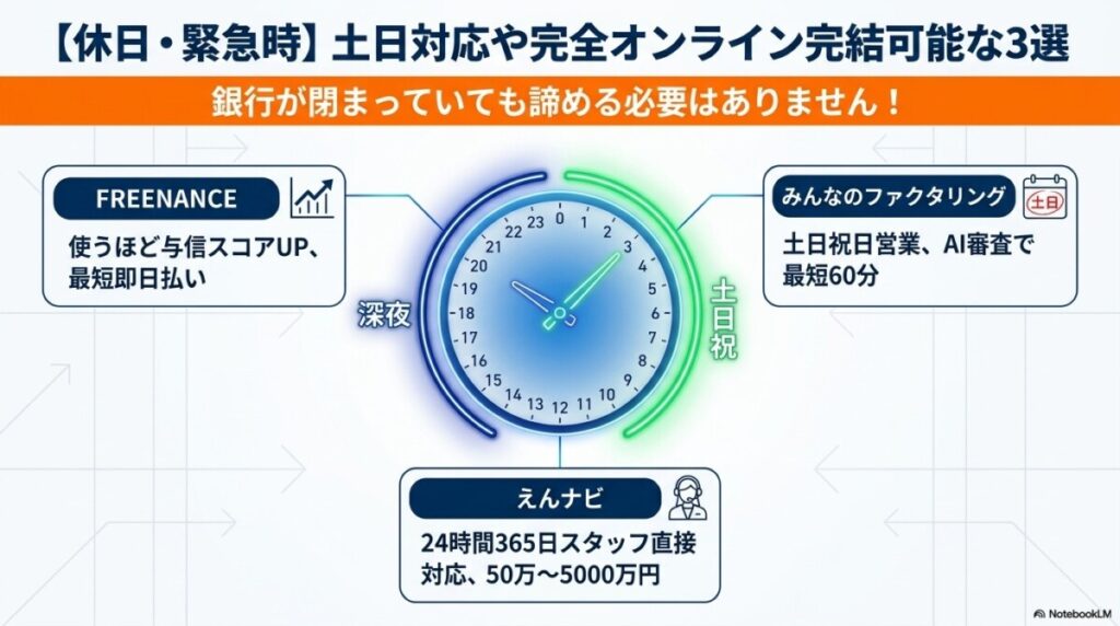 【休日・緊急時】土日対応や完全オンライン完結可能なファクタリング3選 図解イラスト