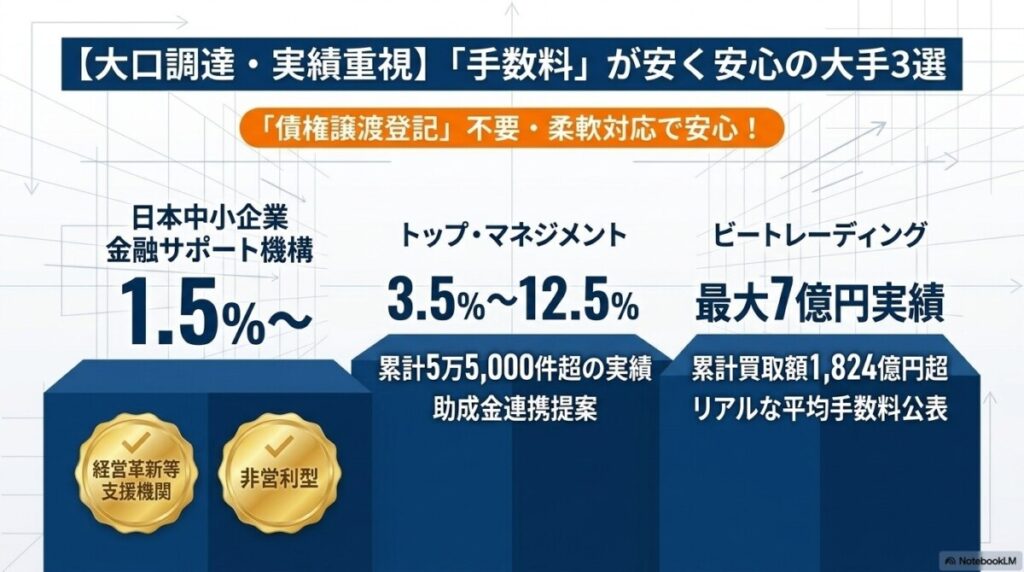 【大口調達・取引実績重視】「手数料」が安く「債権譲渡登記」不要な安心のファクタリング3選 図解イラスト