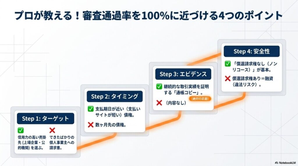 プロが教える!ファクタリングの審査通過率を100%に近づける「取引実績」と「償還請求権」のポイント 図解イラスト