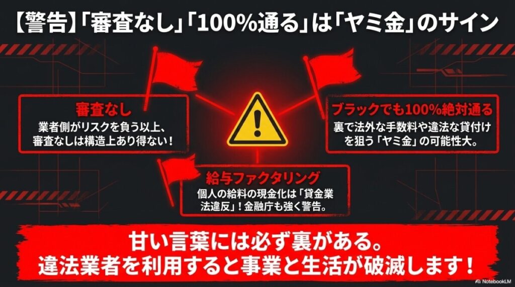 【警告】「審査なし」「100%通る」は「ヤミ金」?「給与ファクタリング」の危険性 図解イラスト