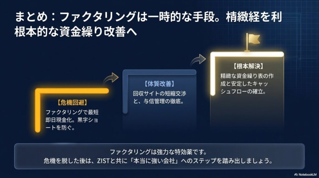 まとめ:ファクタリングは一時的な「資金繰り改善」の手段。 図解イラスト