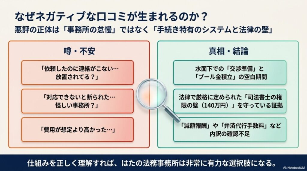 1. はたの法務事務所の口コミの真相！連絡が遅い・怪しいと言われる理由【結論】