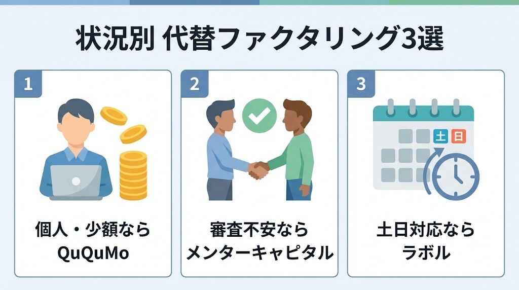 ファクトルが合わない場合の状況別・代替ファクタリングサービス3選をわかりやすく図解
