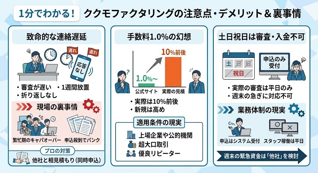 【プロが切る★】ククモファクタリングの悪い口コミ・デメリットと現場の裏事情をわかりやすく図解