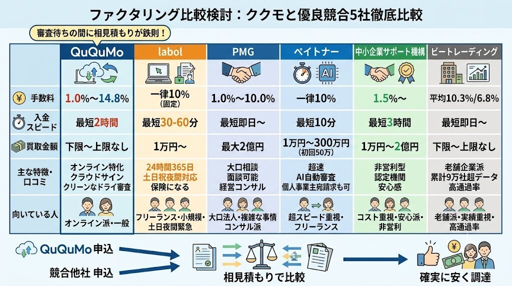 相見積もりで選ぶ！ククモファクタリングと競合他社5社を徹底比較をわかりやすく図解