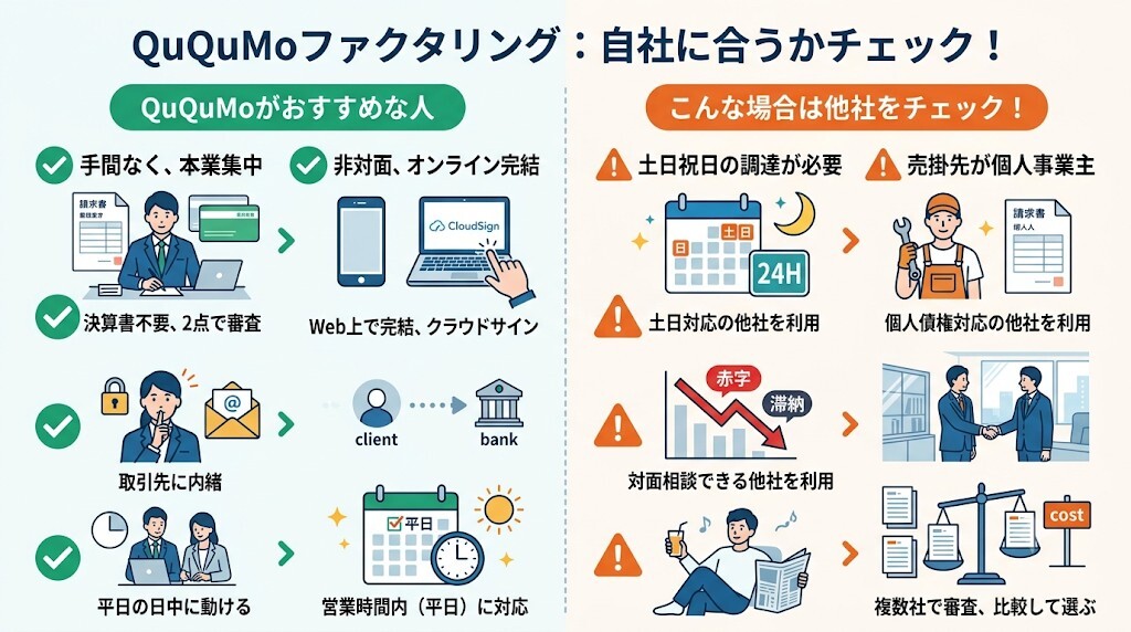 スピード重視か手数料重視か？ククモファクタリングと相性の良い事業者の特徴をわかりやすく図解
