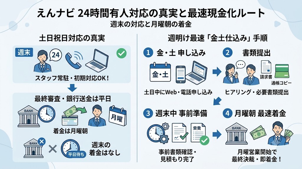 週末の支払いも諦めない！えんナビの資金調達「24時間有人対応 of 真実」と最速現金化ルートをわかりやすく図解