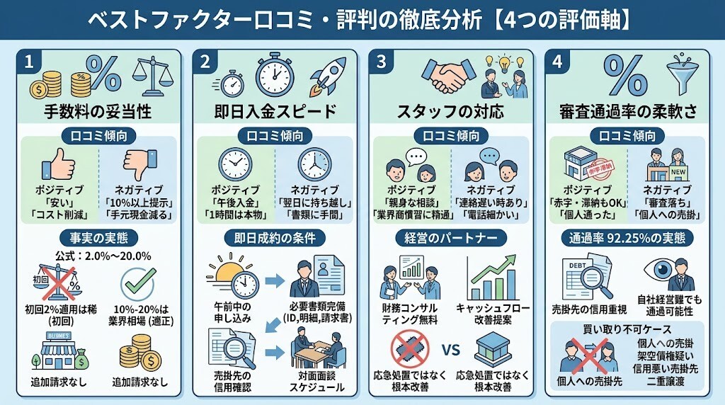 ベストファクター口コミ・評判をカテゴリ別に徹底分析【4つの評価軸】をわかりやすく図解
