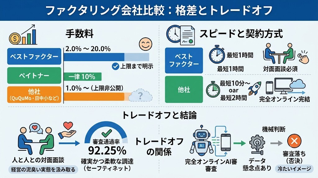他社と比べる手数料と即日入金スピードの格差をわかりやすく図解