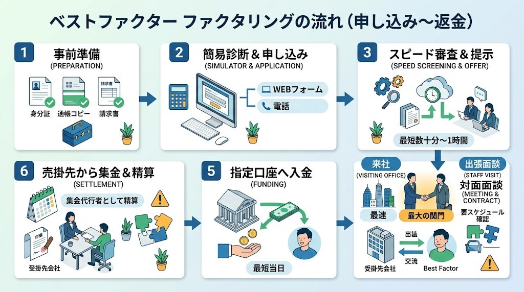 ベストファクター口コミをなぞる審査申し込みから契約・返金までの流れをわかりやすく図解