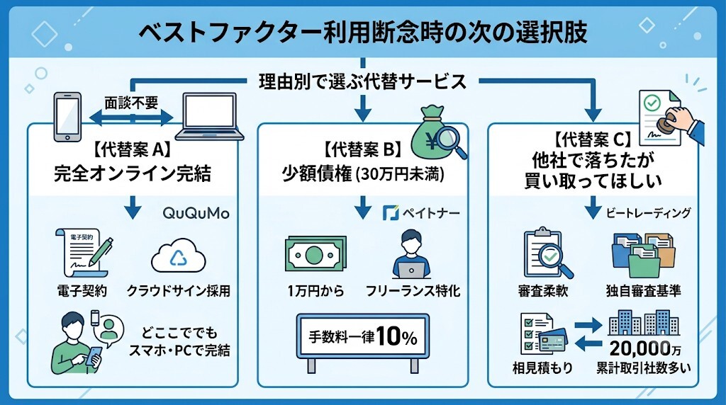ベストファクター口コミの真実:審査落ちした場合に検討すべき代替案をわかりやすく図解