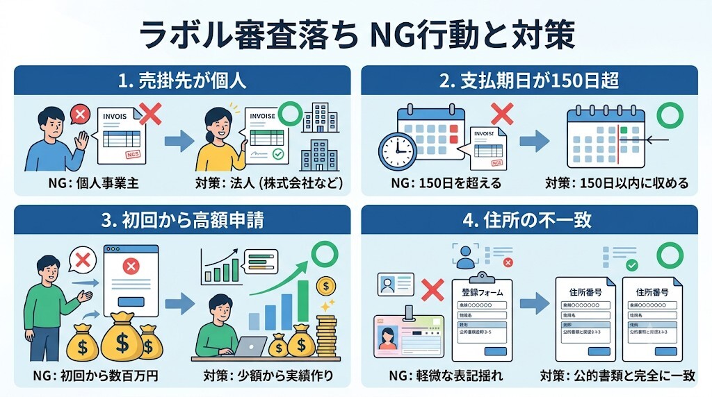 ラボルファクタリングで「審査が厳しい」「落ちた」となる4つのNG行動と対策【エビデンス重視の罠】をわかりやすく図解