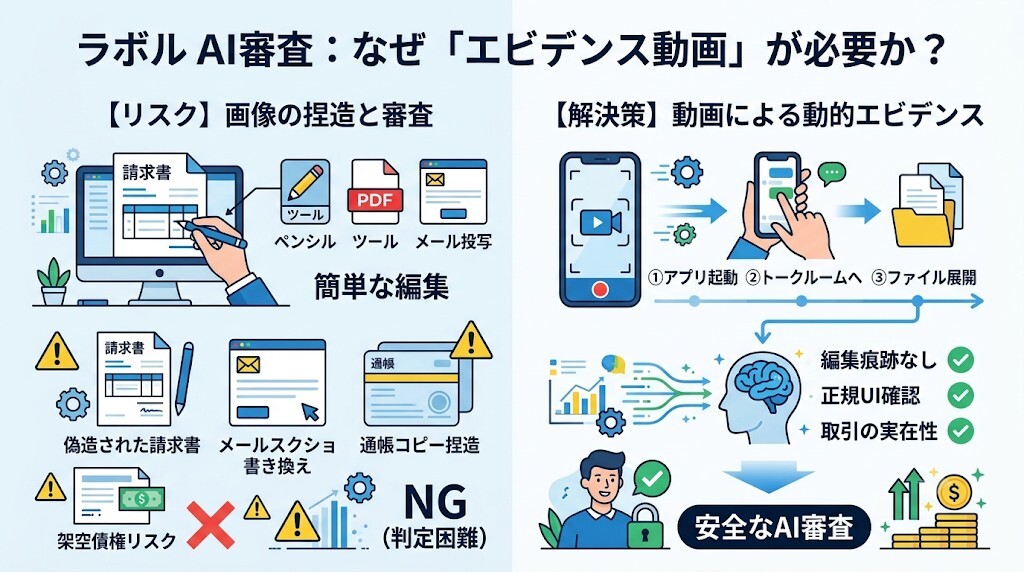 なぜラボルはエビデンス動画(画面録画)を要求するのか?AI審査の仕組みをわかりやすく図解