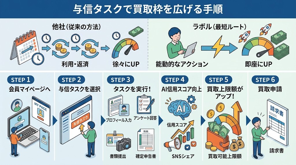 一発で買取枠を広げる!会員マイページで行う「与信アップタスク」の攻略手順をわかりやすく図解