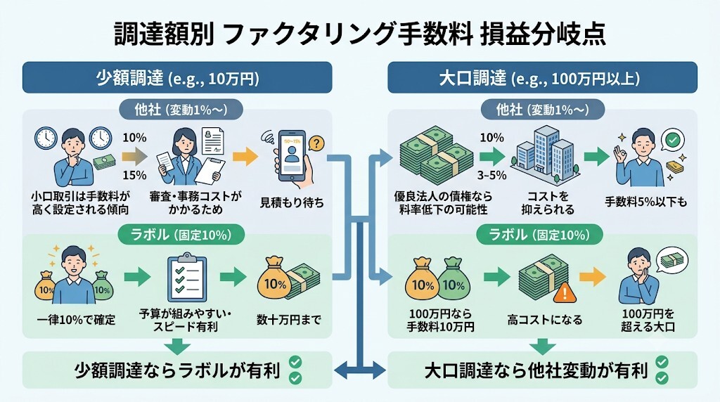 【防衛策3】数学的資金繰り診断:あなたの調達額はいくら?「ラボル固定10%」vs「他社変動1%〜」の損益分岐点をわかりやすく図解