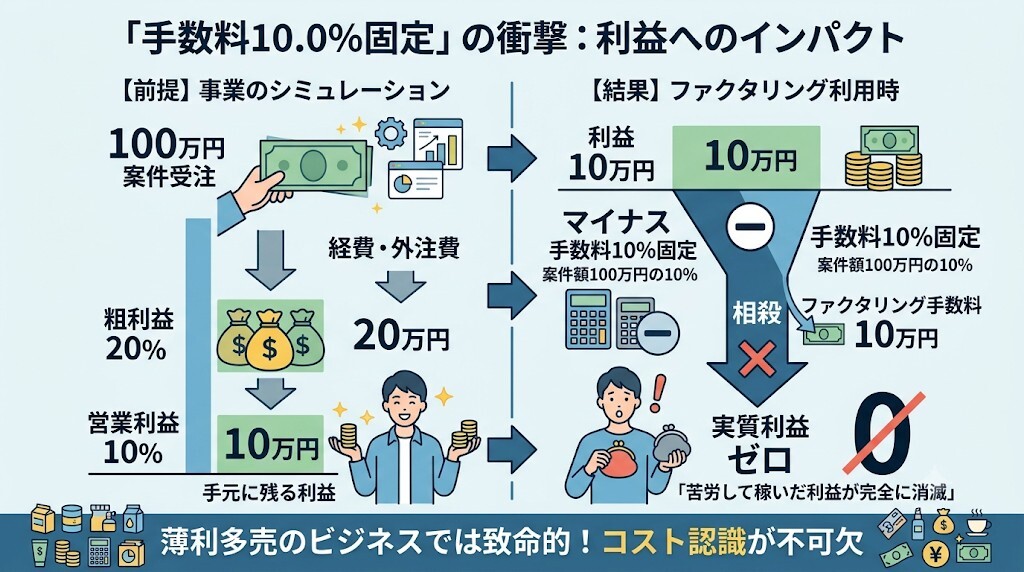 明朗だが重い!「一律10.0%」の手数料率がフリーランスの営業利益に与えるインパクトをわかりやすく図解