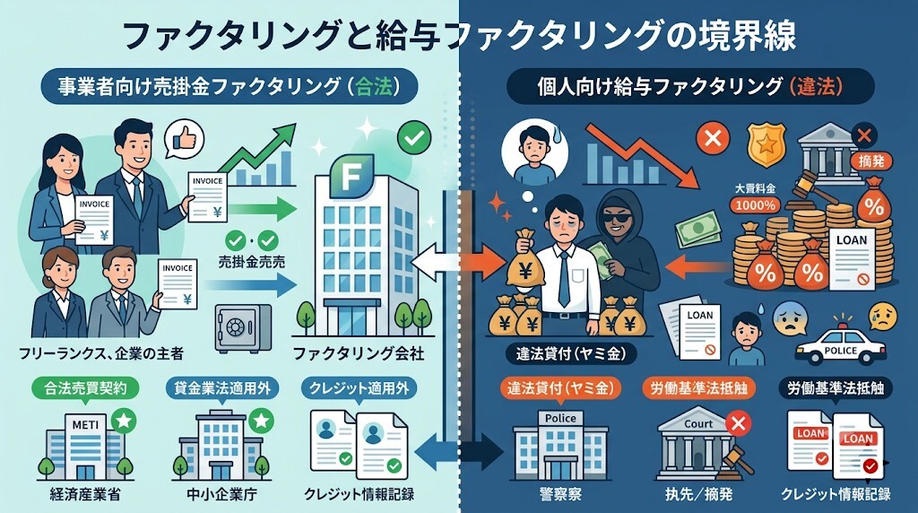 【防衛策4】法律の壁:ファクタリング(売買契約)と給与ファクタリング(違法貸付)の決定的境界線をわかりやすく図解