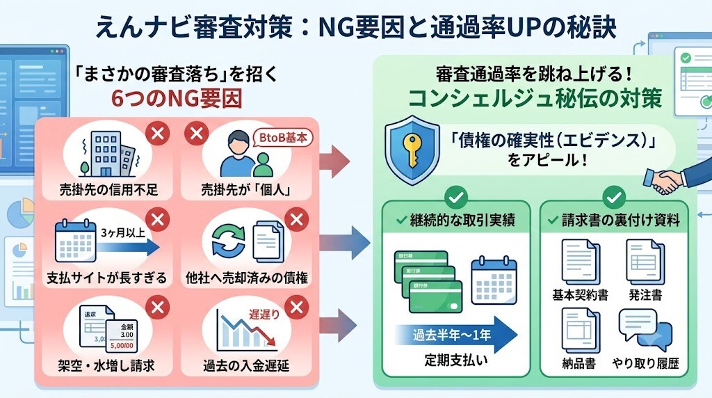 他社の審査に落ちた経営者も救う！えんナビの審査落ち原因6つと通過率を極限まで上げる具体的対策をわかりやすく図解