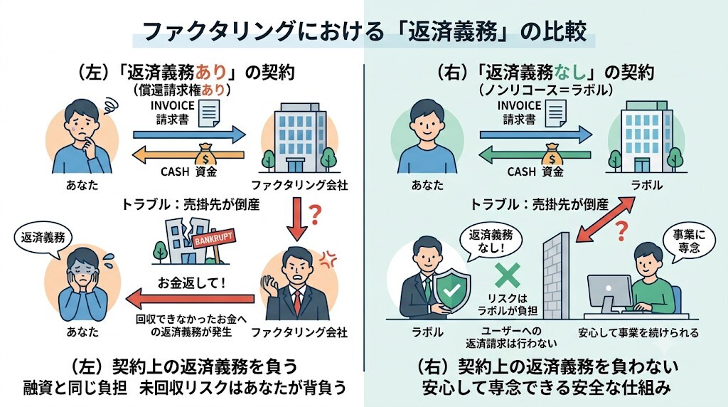 売掛先が倒産しても返済義務ゼロ!「償還請求権なし(ノンリコース)」の本当の価値をわかりやすく図解