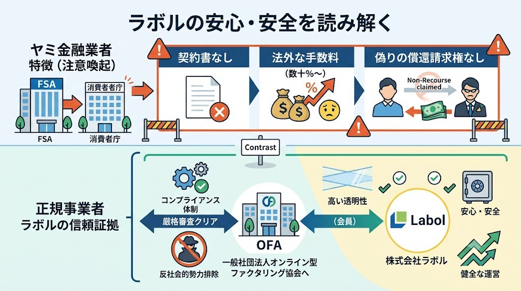 金融庁の注意喚起と一般社団法人オンライン型ファクタリング協会(OFA)加盟から読み解く信頼性をわかりやすく図解