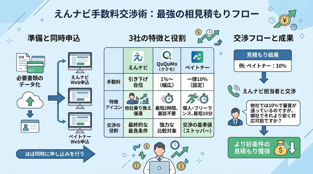 1%でも安く！他社の見積もりを武器にえんナビの手数料を下げる相見積もり交渉術をわかりやすく図解