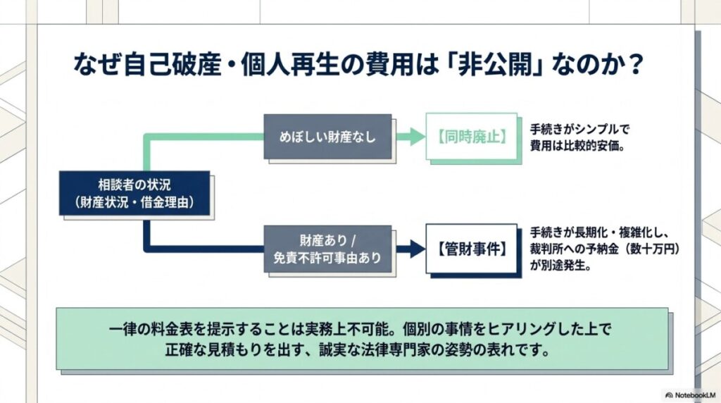 自己破産・個人再生の費用が公式サイトにない理由と相場