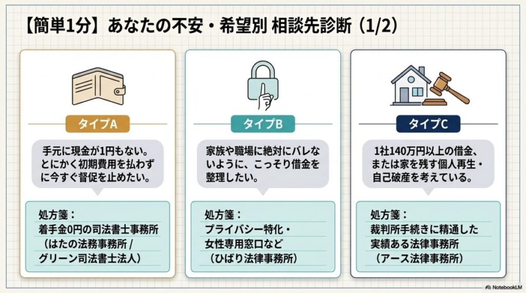 あなたの状況に合わせた簡単タイプ別診断で「債務整理おすすめ」の正解が1分でわかる!