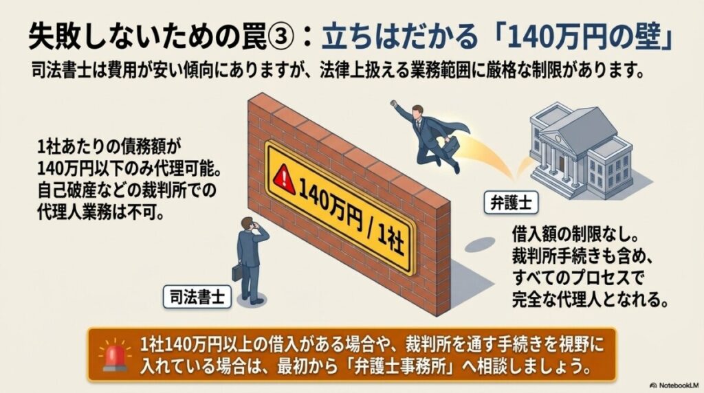 罠3:1社140万円以上の借金は司法書士ではなく弁護士へ(非弁行為の制限)
