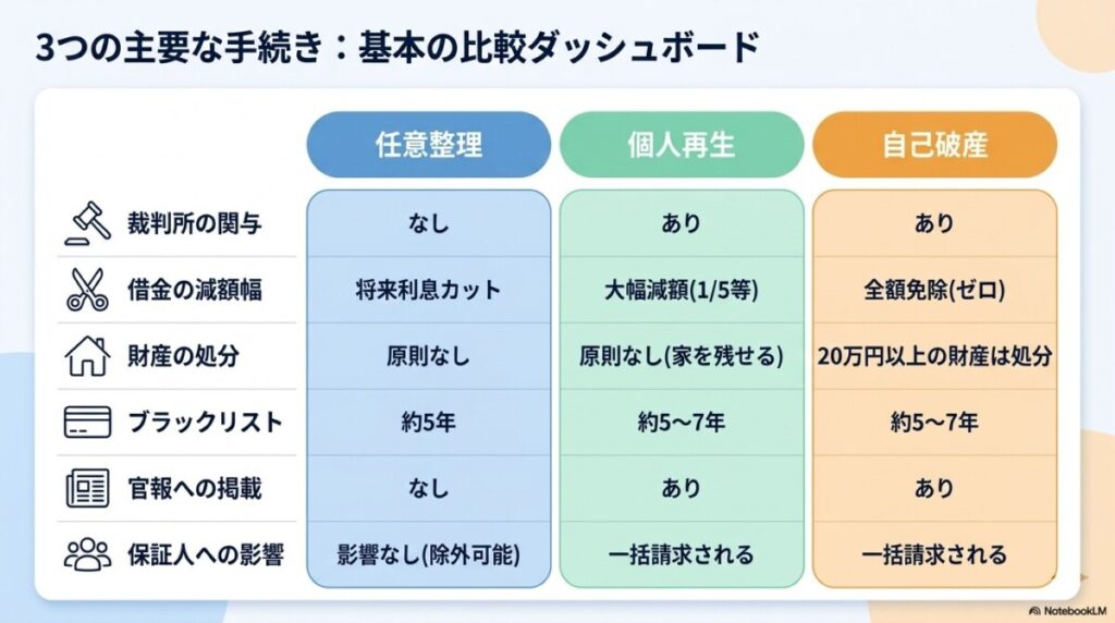 【一覧】任意整理・個人再生・自己破産の違いがわかる比較表